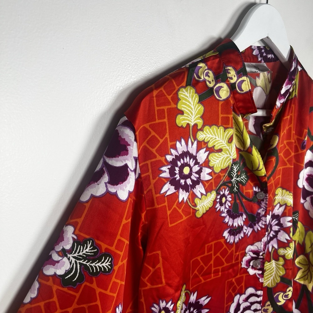 Natori Small Floral Mandarin‎ Collar Button Front Boxy Floral Silky PJ Top - Picture 6 of 11